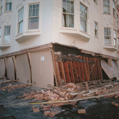 Corner of collapsing building caused by earthquake