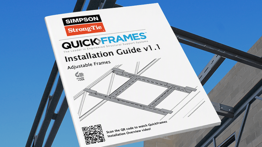 QuickFrames Installation Guide v1.1 catalog shown at an angle on a white surface, featuring the Simpson Strong-Tie logo, adjustable frame illustration, and QR code on the cover.