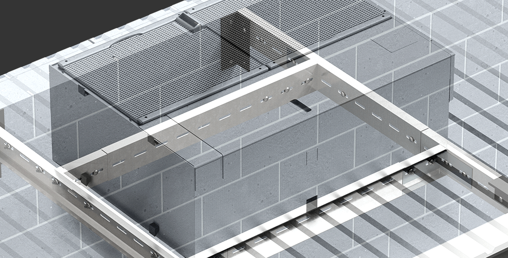 Rendered view of a QuickFrames structural frame supporting an HVAC unit, with a semi-transparent overlay illustrating its placement within a commercial roof system.
