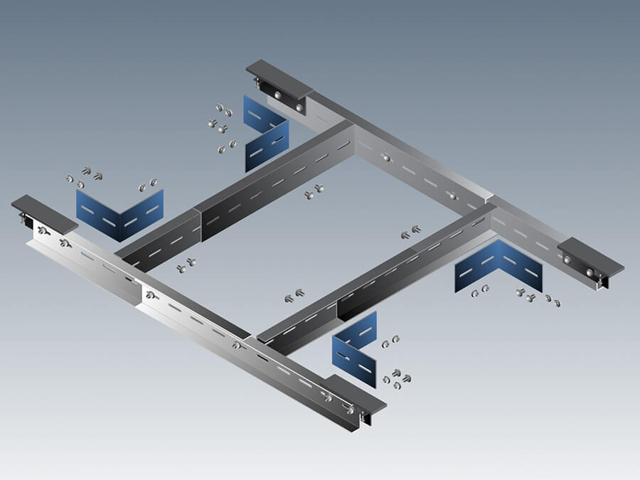 A 3D-rendered exploded view of a QuickFrames steel support system, showing beams, brackets, and fasteners used for structural framing in commercial buildings.
