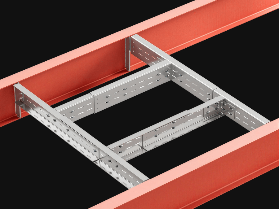 QuickFrames™ modular support system installed between structural steel beams, creating an adjustable framework for electrical, mechanical, and cable management applications.
