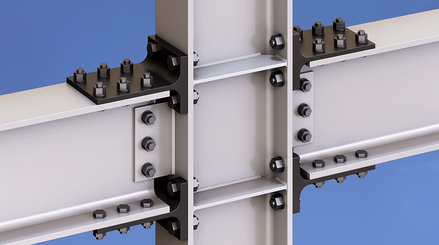 Close-up view of a steel beam connection featuring Simpson Strong-Tie's Strong-Link™ Moment Connection. The connection shows multiple bolts securing the structural beams, highlighting the robustness of the design for steel construction applications.