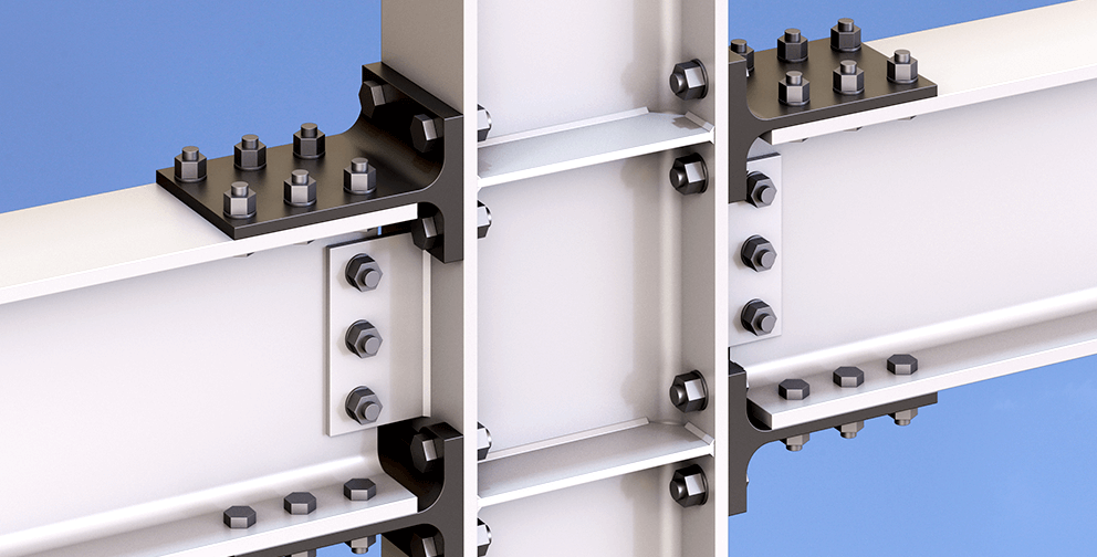 Close-up view of a steel beam connection secured with bolts as part of the Strong-Link™ Moment Connection system.