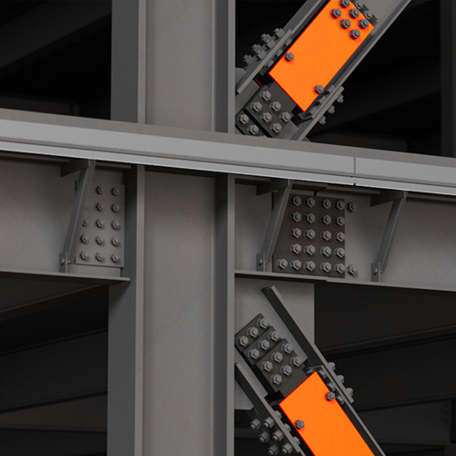 The Yield-Link® Brace Connection system is installed in a steel frame, offering bolted seismic energy dissipation with distinctive orange fuse elements.