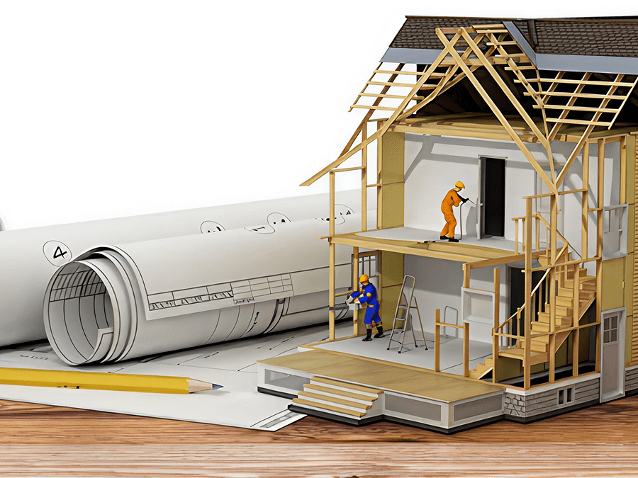 Illustration of builders constructing tiny house next to blueprints.
